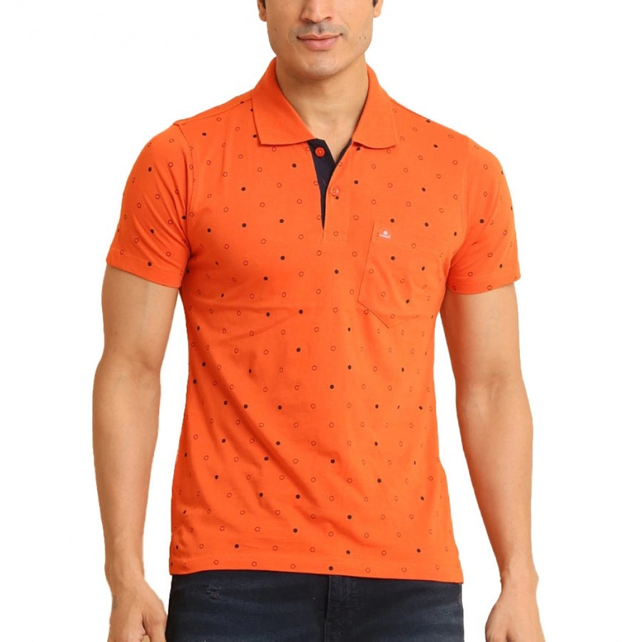 Men's rust cotton printed polo neck half sleeve t-shirt - casual style, patterned apparel