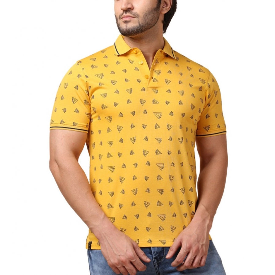 Mustard cotton printed polo neck half sleeve t-shirt for men - casual and comfortable apparel