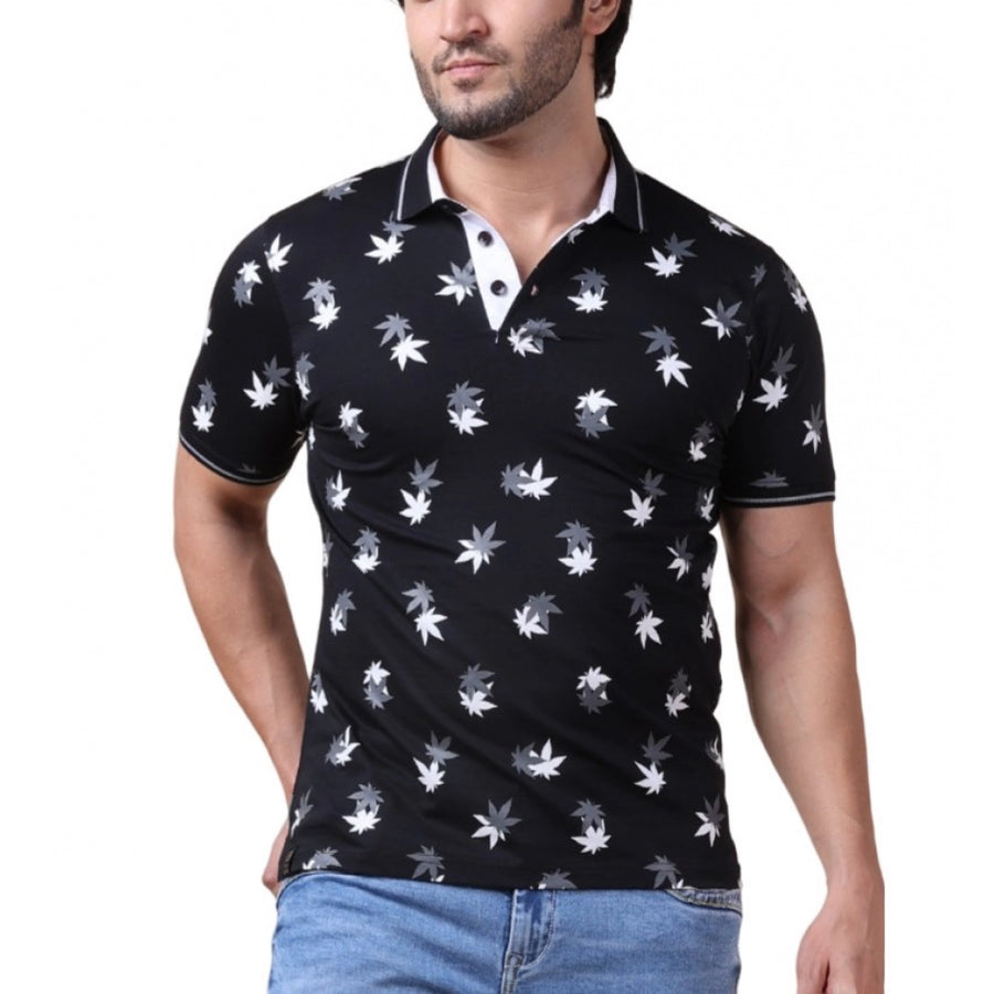Black cotton printed polo neck half sleeve t-shirt for men - casual style with distinctive pattern