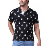Men's Casual Cotton Printed Polo Neck Half Sleeve T-Shirt (Black)