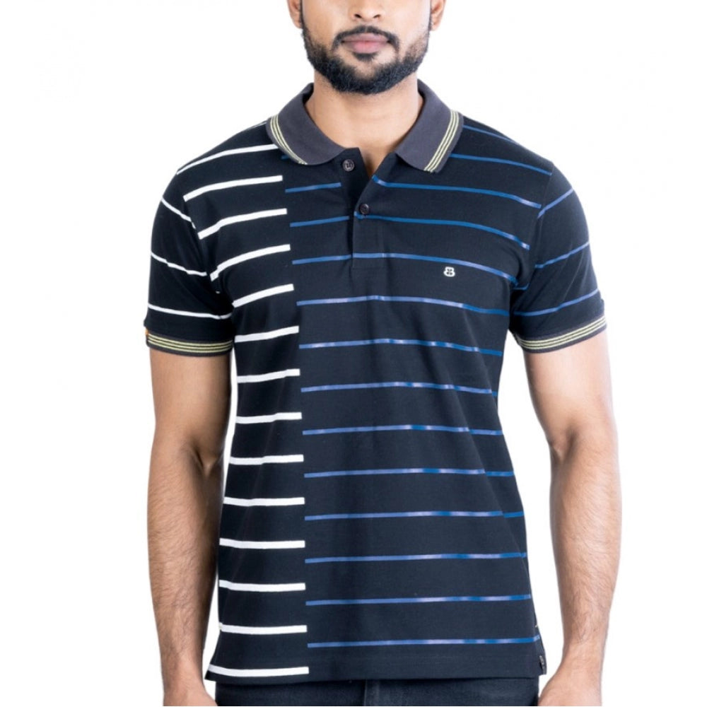 Black cotton printed polo neck half sleeve T-shirt for men with casual style