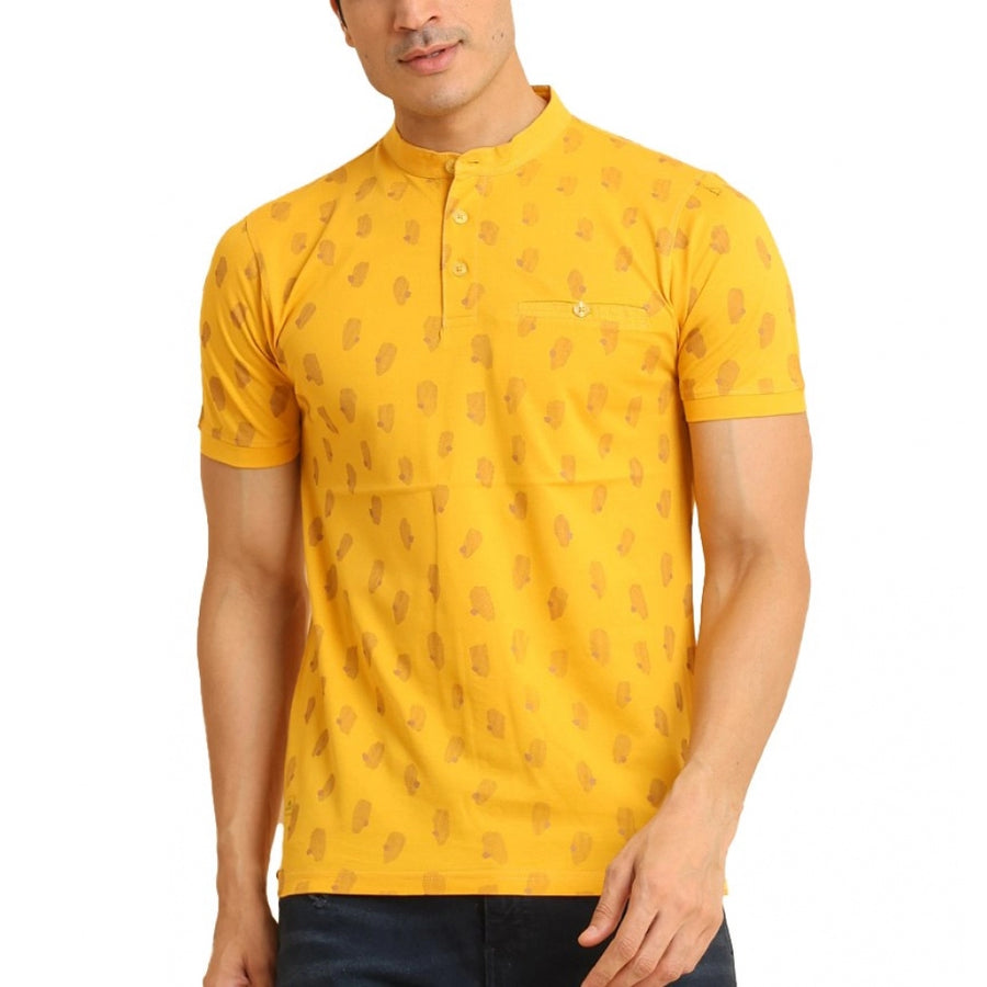 Men's casual cotton printed mustard half sleeve mandarin collar T-shirt with vibrant graphic design