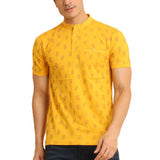 Men's Casual Cotton Printed Mandarin Collar Half Sleeve T-Shirt (Mustard)