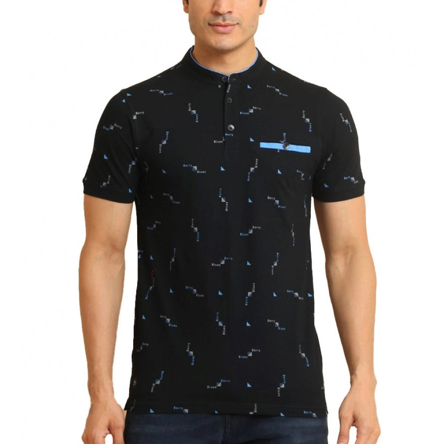 Navy cotton printed mandalin collar half sleeve t-shirt with vibrant design