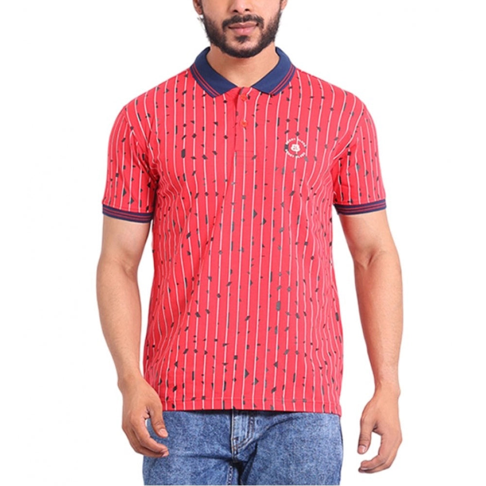 Red cotton printed polo neck half sleeve t-shirt for men's casual wear