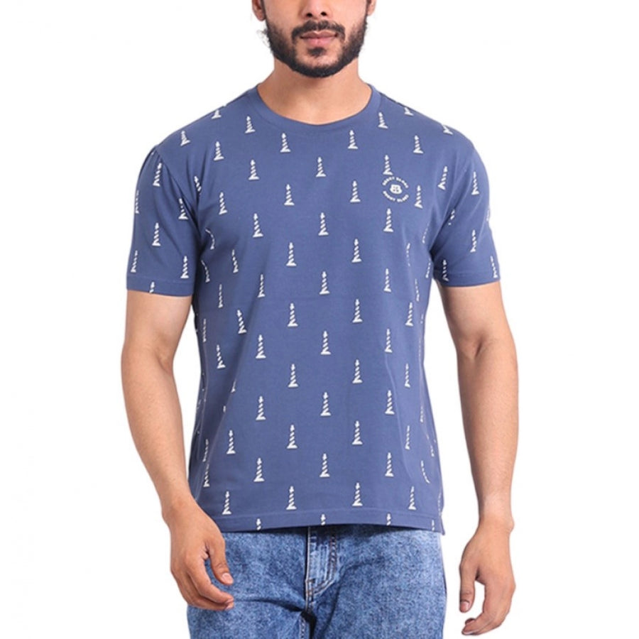 Blue cotton printed round neck half sleeve men's casual t-shirt with vibrant graphic design