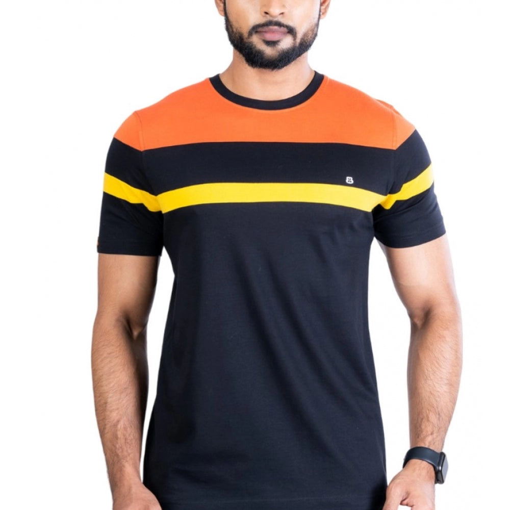 Black cotton men's casual printed round neck half sleeve t-shirt with vibrant design