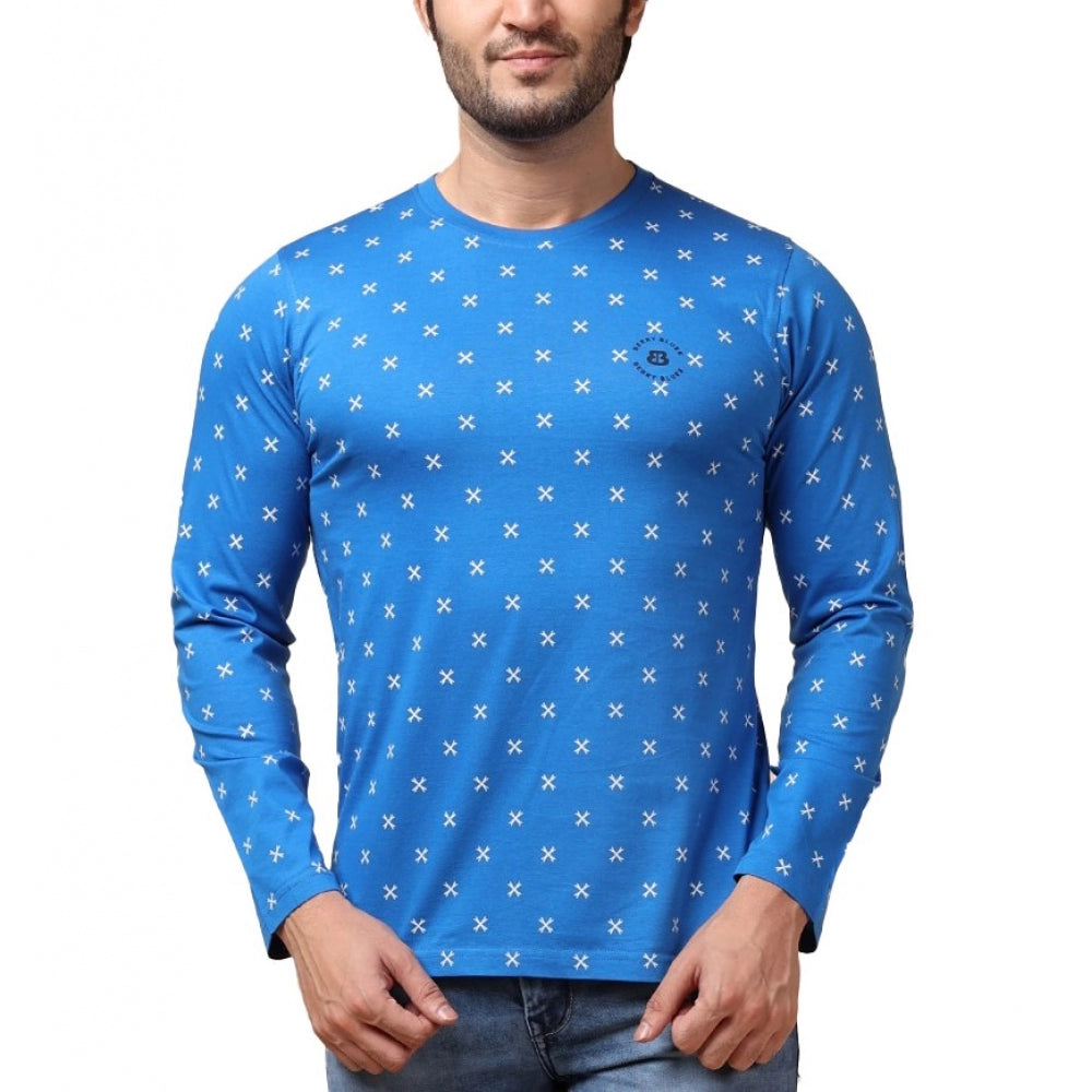 Blue cotton printed round neck full sleeve t-shirt for men, casual style