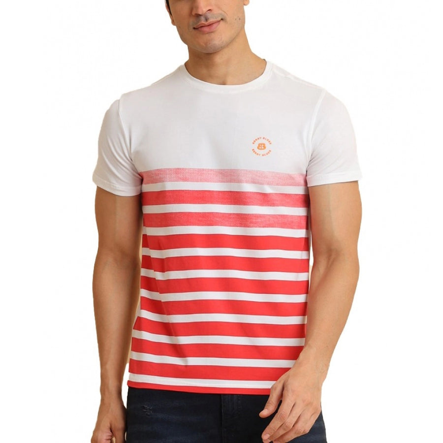Red cotton printed men's casual round neck half sleeve t-shirt with vibrant pattern detail