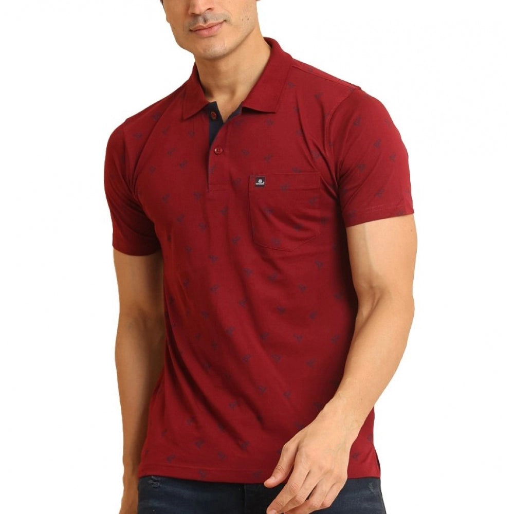 Red cotton printed polo neck half sleeve t-shirt for men, casual style