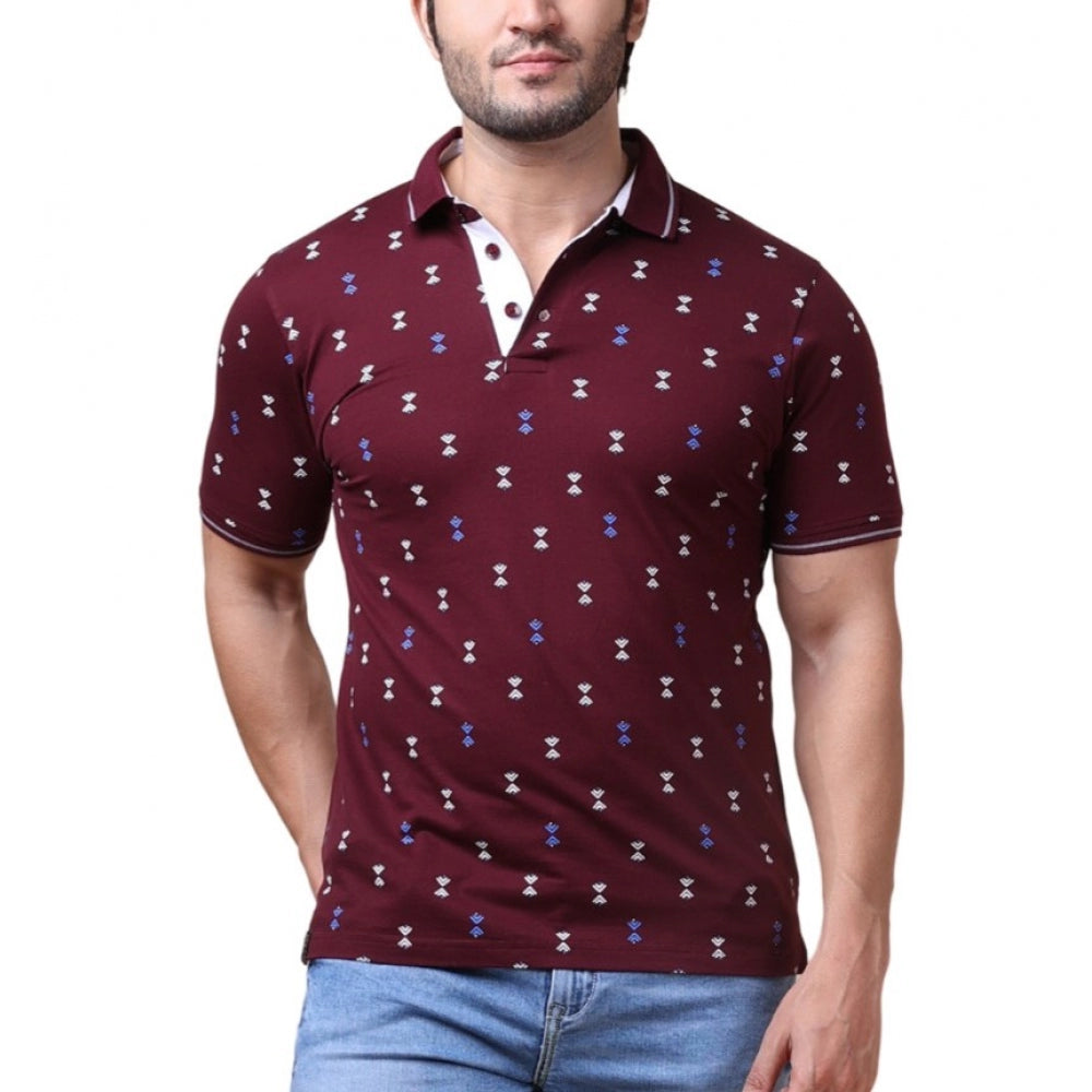 Plum cotton printed polo neck half sleeve men's casual t-shirt, vibrant colors for everyday wear