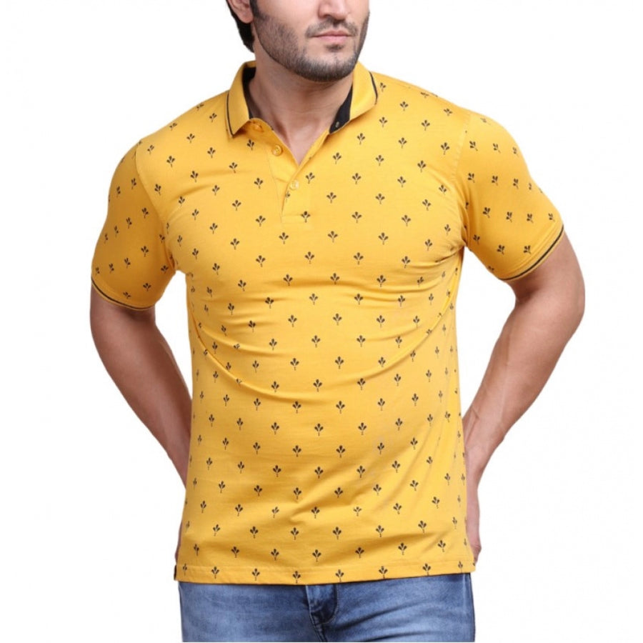 Men's casual cotton printed polo neck half sleeve t-shirt in mustard color, featuring a stylish design