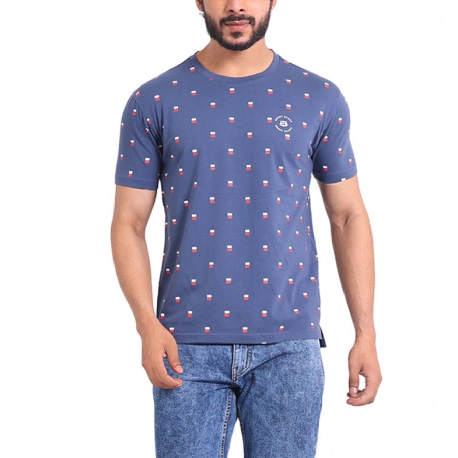Blue cotton printed round neck half sleeve men's casual t-shirt with vibrant patterns
