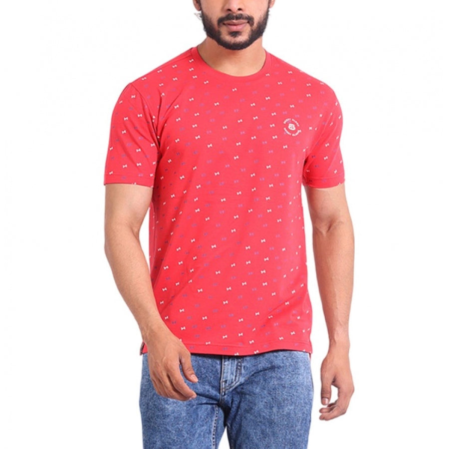 Red printed cotton men's casual half sleeve round neck t-shirt