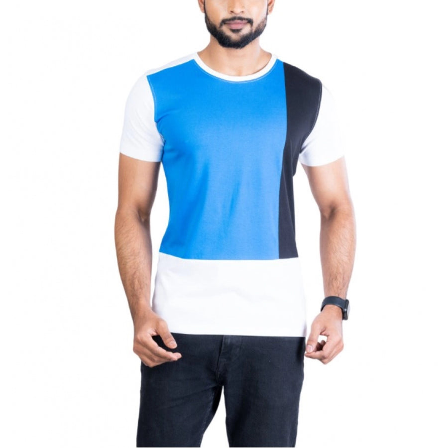 Blue cotton printed men's casual round neck half sleeve t-shirt with vibrant design