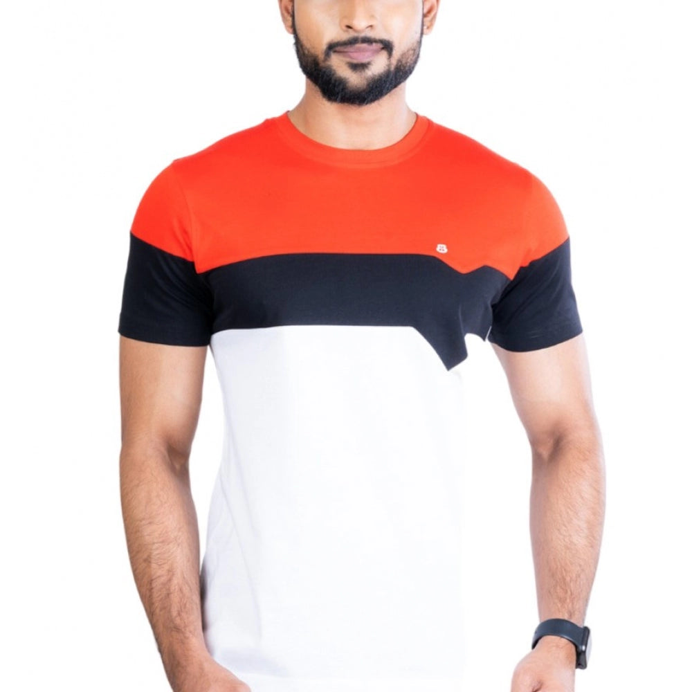 Red cotton printed round neck half sleeve men's casual T-shirt with vibrant pattern detail