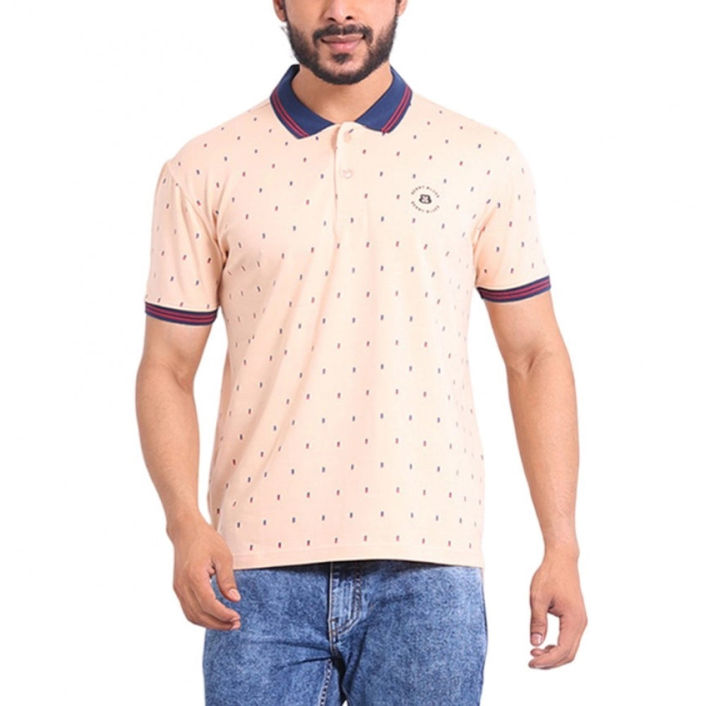 Peach cotton printed polo neck half sleeve men's t-shirt, casual style with distinctive pattern