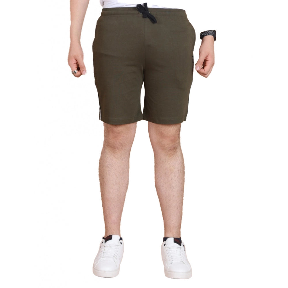 Olive striped cotton casual shorts for men, above-knee length style