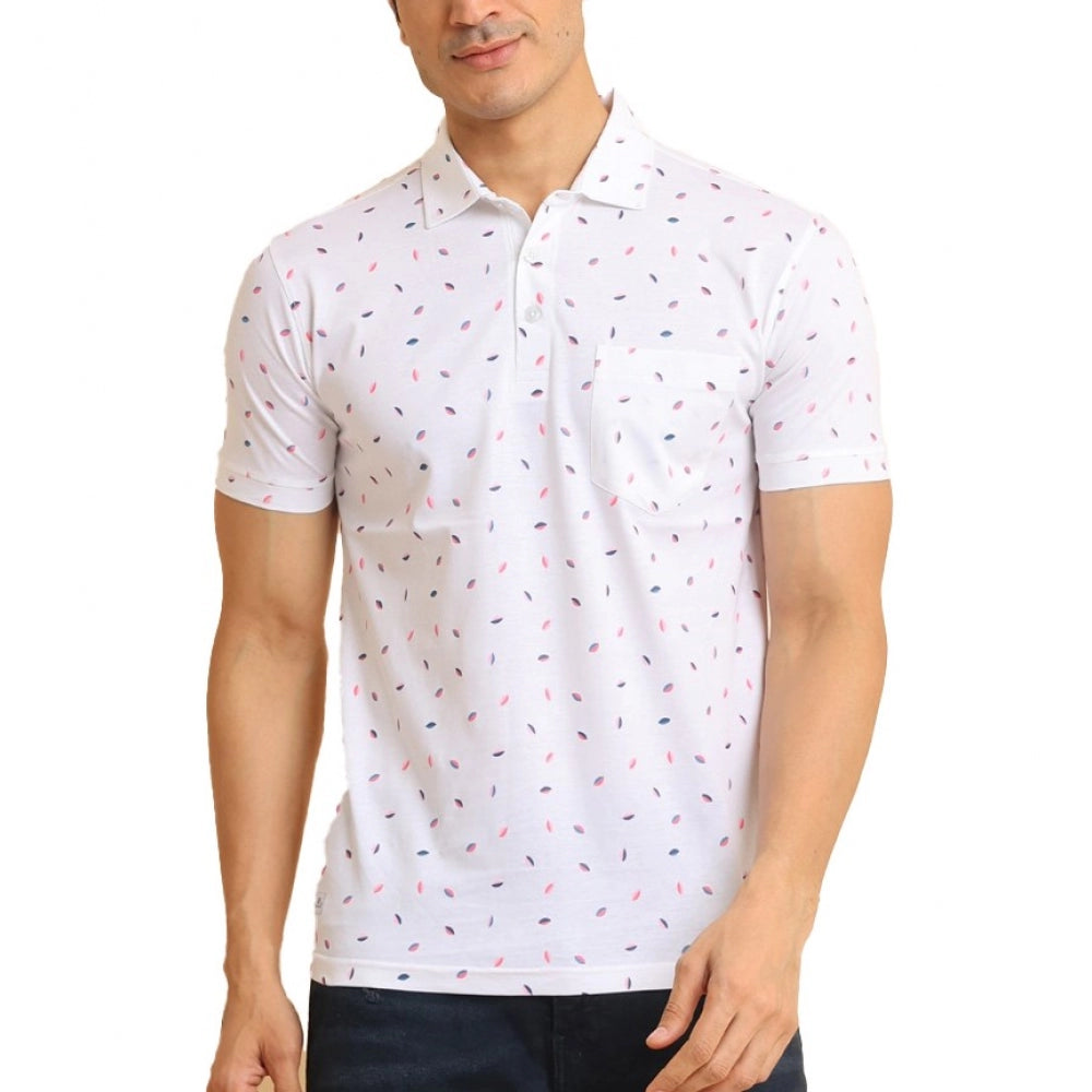 White cotton printed polo neck half sleeve men's casual T-shirt with vibrant design