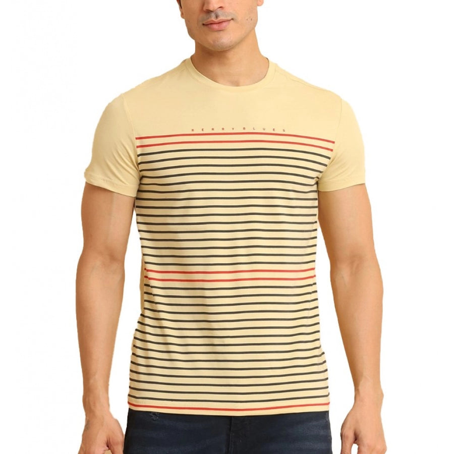 Beige cotton printed round neck half sleeve casual t-shirt for men, vibrant design on display