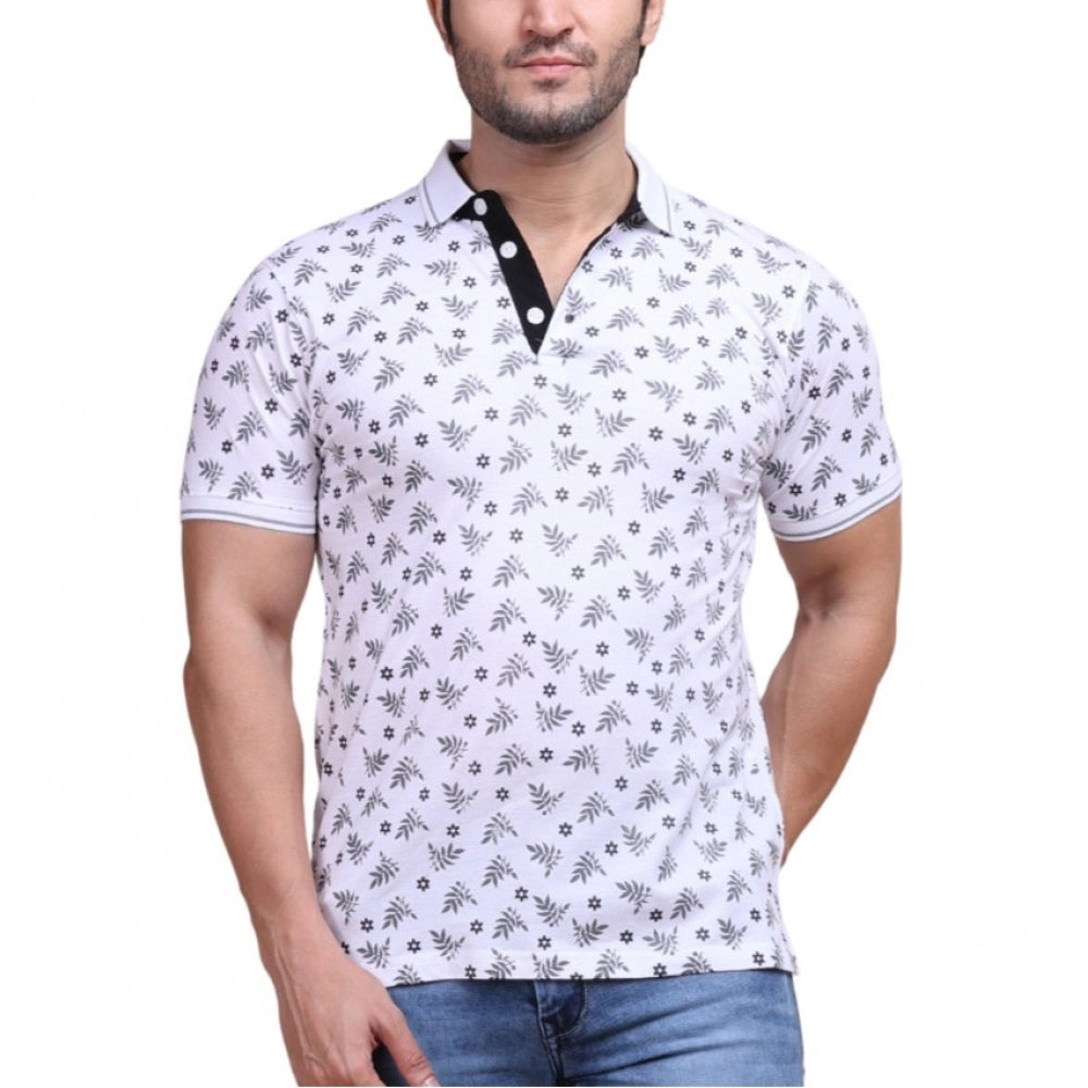 White cotton printed polo neck half sleeve t-shirt, casual style with pattern detail