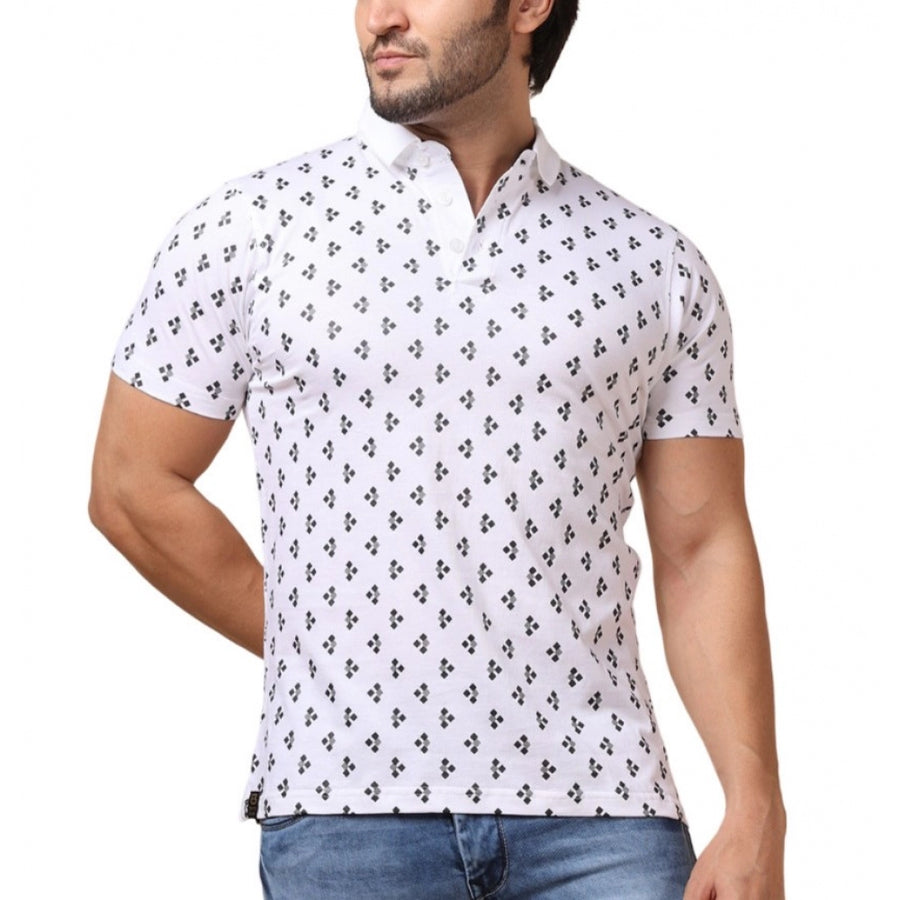 White cotton printed polo neck half sleeve t-shirt with casual style pattern