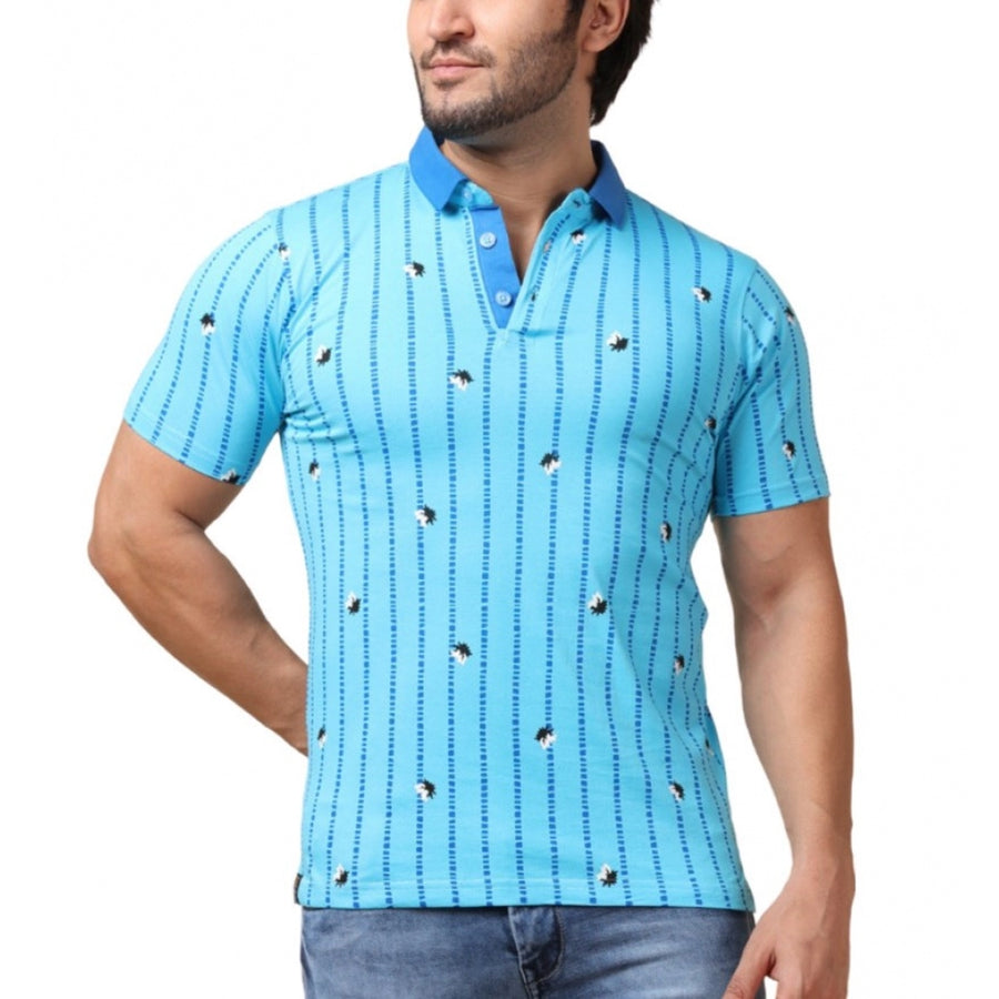 Skyblue cotton printed polo neck half sleeve t-shirt for men's casual wear, featuring vibrant pattern detail