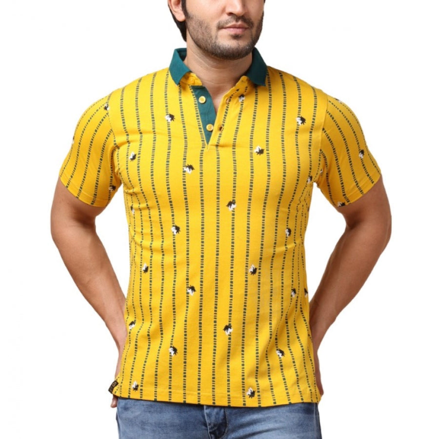 Yellow cotton printed polo neck half sleeve t-shirt for men's casual wear