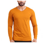 Men's casual cotton mustard solid v-neck full sleeve t-shirt for everyday wear