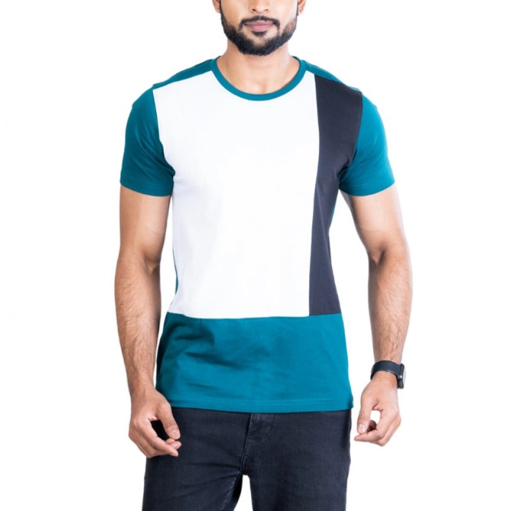 Green cotton printed round neck half sleeve men's casual t-shirt with vibrant pattern detail