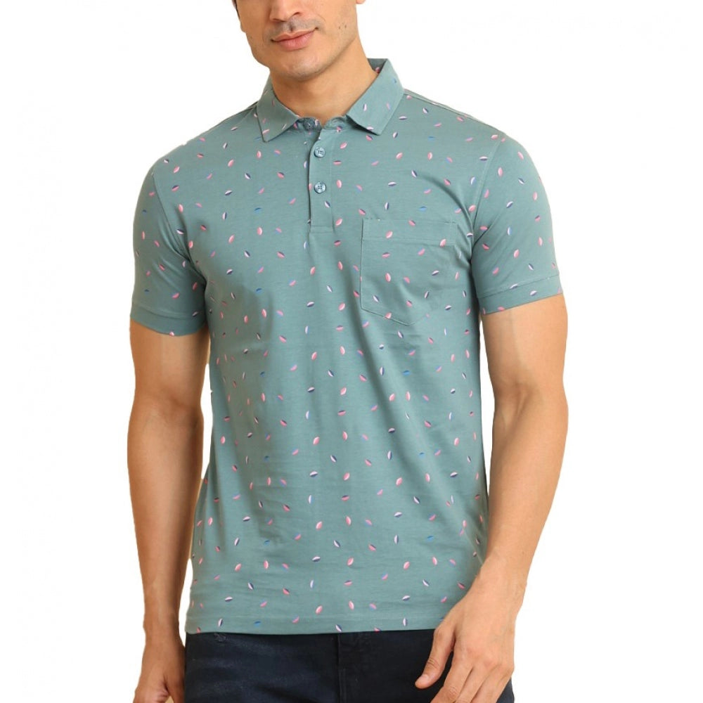 Grey cotton printed polo neck half sleeve t-shirt for men's casual wear