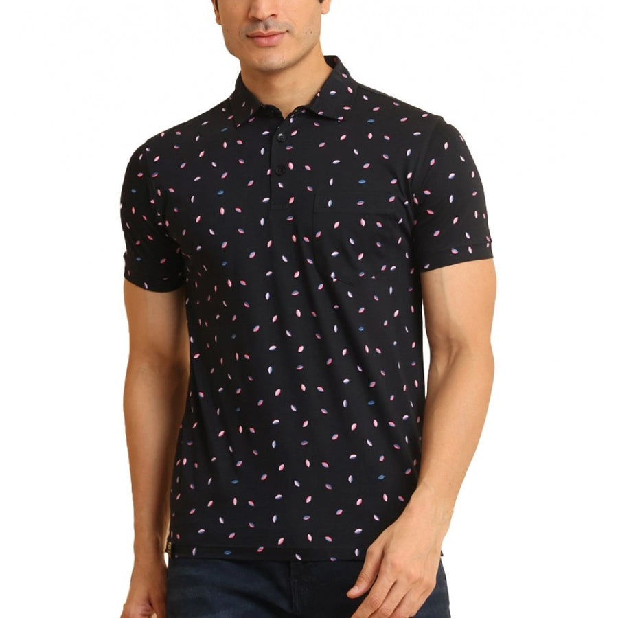 Black cotton printed polo neck half sleeve t-shirt for men - casual style with unique pattern on chest
