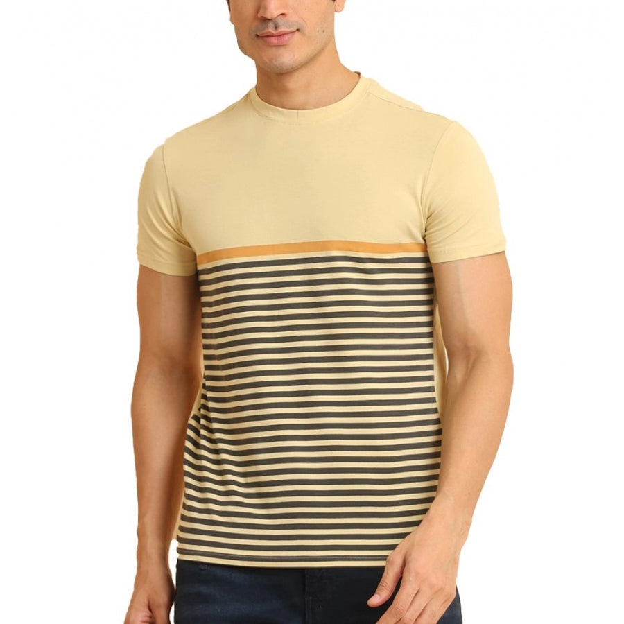 Brown cotton printed round neck half sleeve men's casual t-shirt with vibrant graphic design