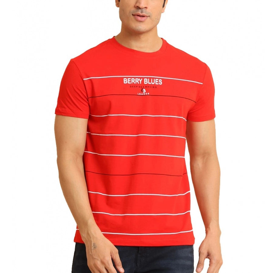 Red cotton printed men's casual half sleeve round neck t-shirt with vibrant pattern detail