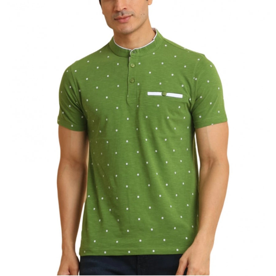 Green cotton printed mandarin collar half sleeve men's casual t-shirt with vibrant design on chest