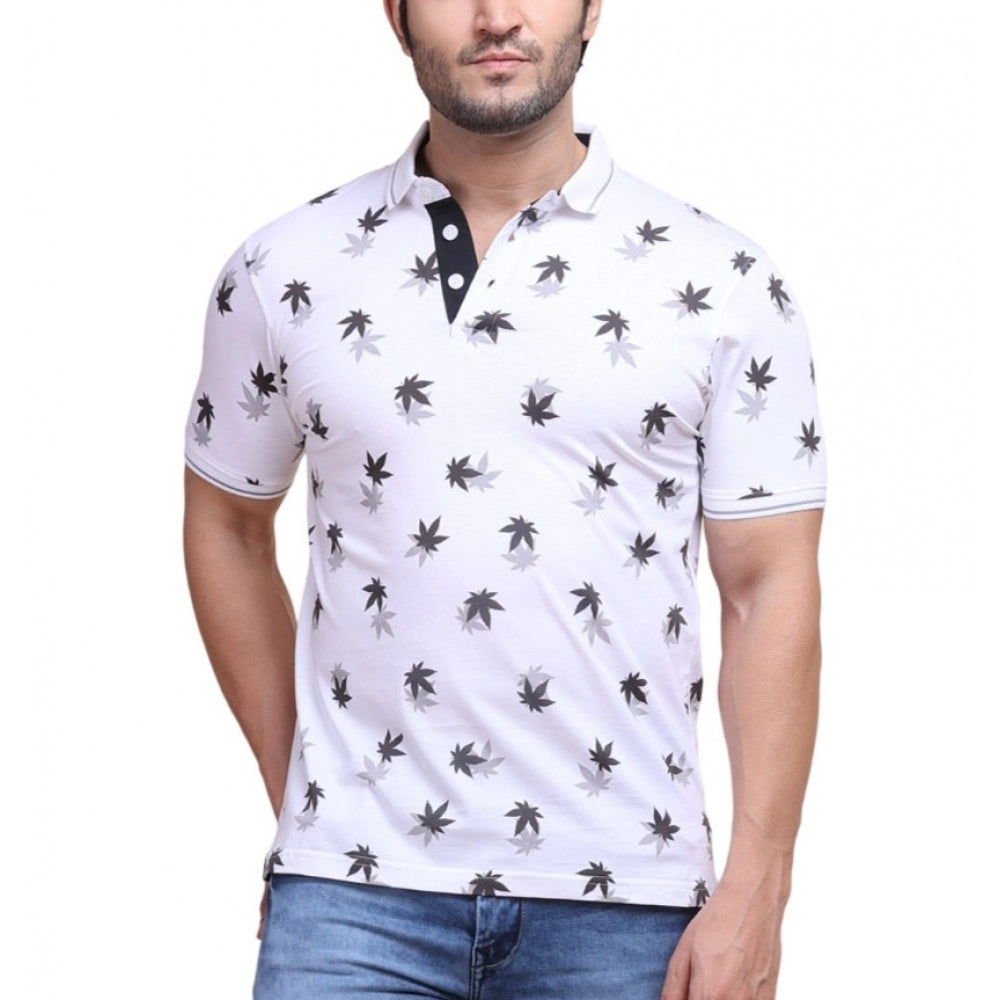 White cotton printed polo neck half sleeve t-shirt with casual style
