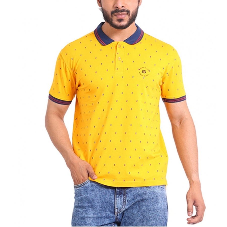 Turmeric cotton printed polo neck half sleeve t-shirt for men, vibrant patterned casual wear