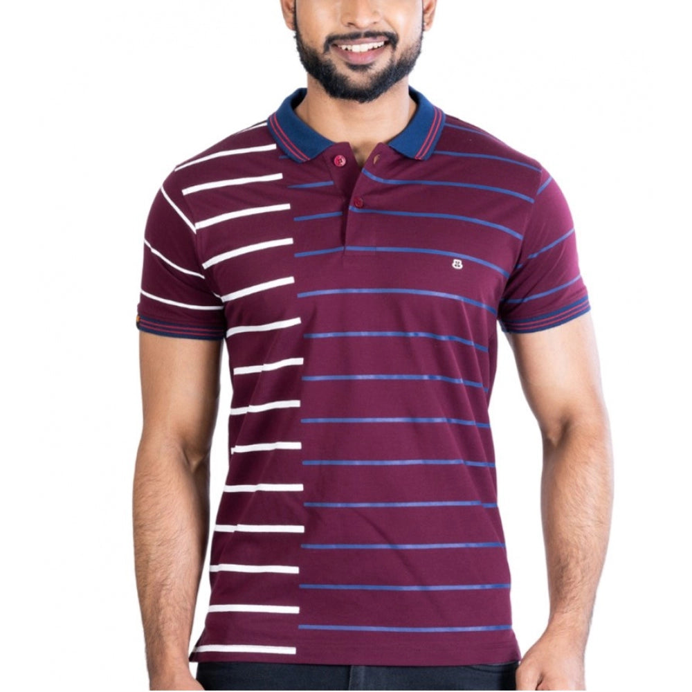 Purple cotton printed polo neck half sleeve men's casual t-shirt with vibrant design on chest
