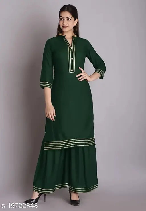 Green Angiya women's rayon straight kurta Sharara set with gota lace