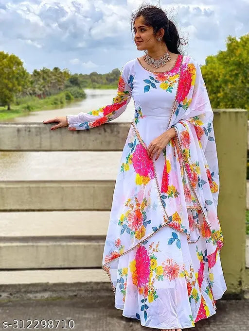 Georgette floral printed party gown with dupatta, long sleeves, versatile for events and daily wear. Hand wash recommended. Indian traditional design