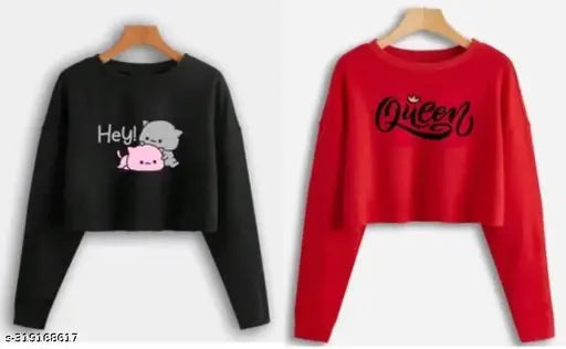 Cotton blend classic modern beautiful combo crop top, long-sleeved printed net pattern. Sizes: S-XL (32in - 38in bust). Stylish crop top variety available at best price