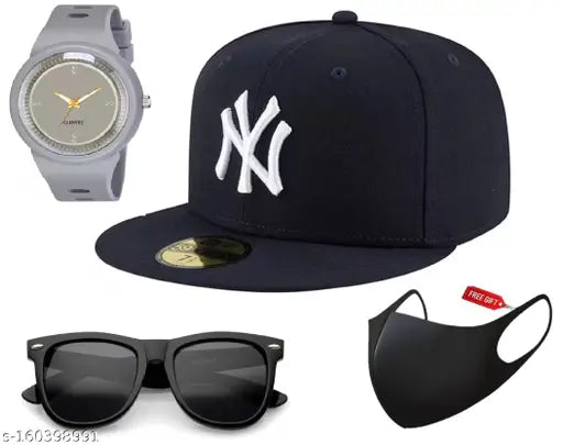 Black cotton baseball cap with NY embroidered hip-hop design, round dial, silicone strap, analog watch, black polarized lens wayfarer sunglasses, and free black mask - Indian gift pack for men and boys