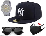 Black cotton baseball cap with NY embroidered hip-hop design, round dial, silicone strap, analog watch, black polarized lens wayfarer sunglasses, and free black mask - Indian gift pack for men and boys
