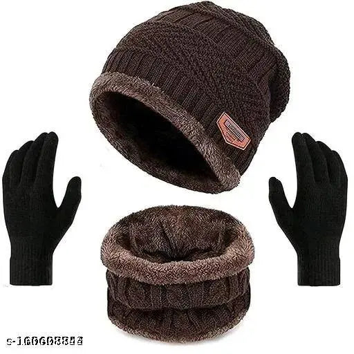Striped woolen beanie cap with neck warmer & cotton gloves set - Winter protection for men, women (free size), India-made