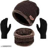 Striped woolen beanie cap with neck warmer & cotton gloves set - Winter protection for men, women (free size), India-made