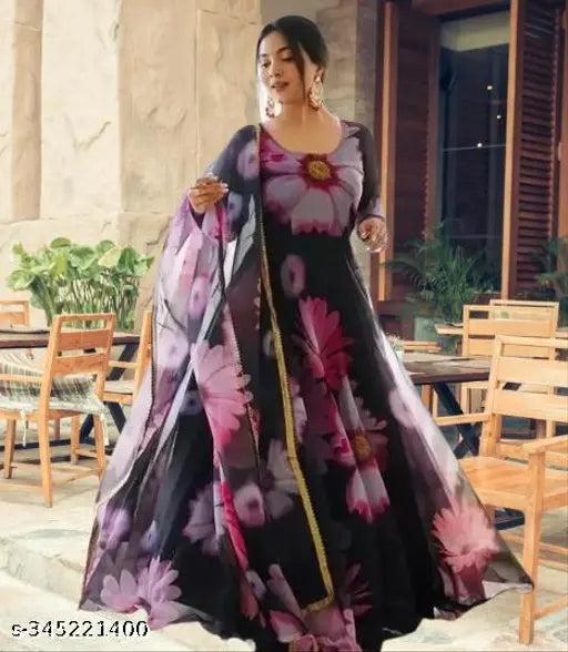 Printed Georgette VIPRI women's gown with dupatta, stylish for parties, weddings, festivals, India