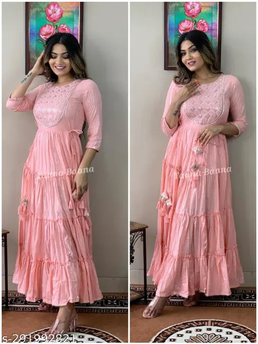 Women's cotton printed pure Lurex gown with attached lining, intricate handwork on nack - A-line round neck, three-quarter sleeves in S, M, L, XL, XXL, XXXL, 4XL, 5XL, 6XL, 7XL. Handcrafted Indian western wear dress with mirror/gotta/zari embellishments