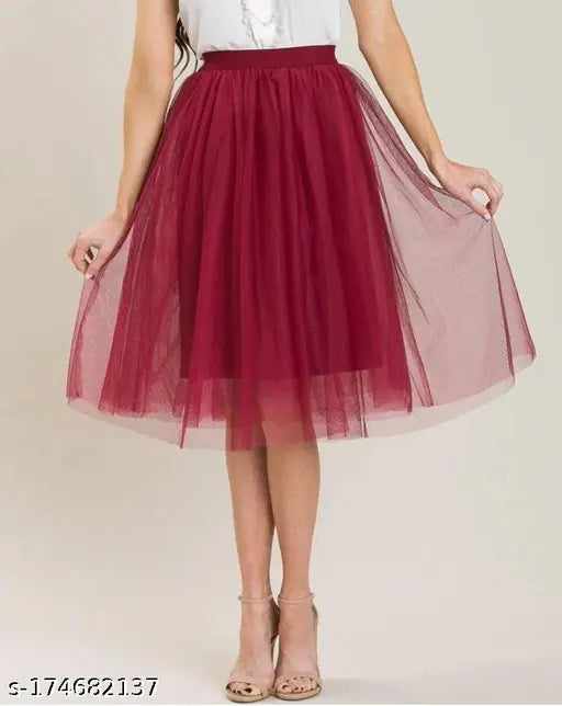 Maroon tulle western skirt, solid net pattern, size 28, Indian-made clothing on mannequin