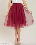 Maroon tulle western skirt, solid net pattern, size 28, Indian-made clothing on mannequin