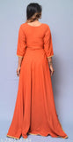 Orange polyester V-neck Angrakha kurti, elegant women's party wear, solid design, three-quarter sleeves